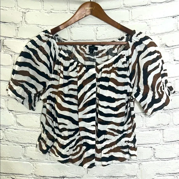 J. Crew Brown & White Zebra Print Puff Sleeve Top Size Medium - Picture 1 of 11